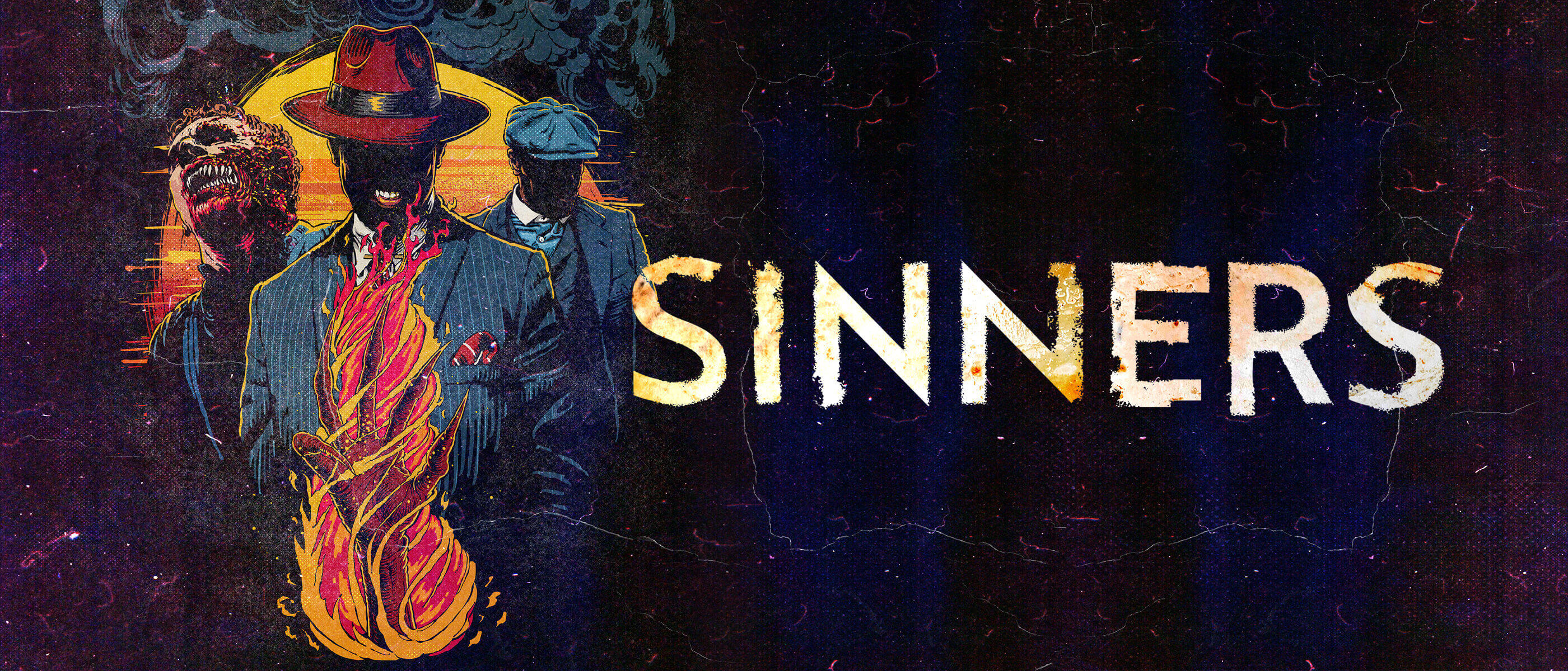 Three characters from the film Sinners standing together behind a hand wrapped in fire.