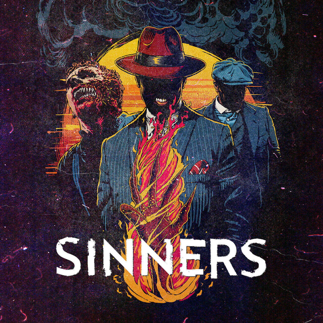 Three characters from the film Sinners standing together behind a hand wrapped in fire.