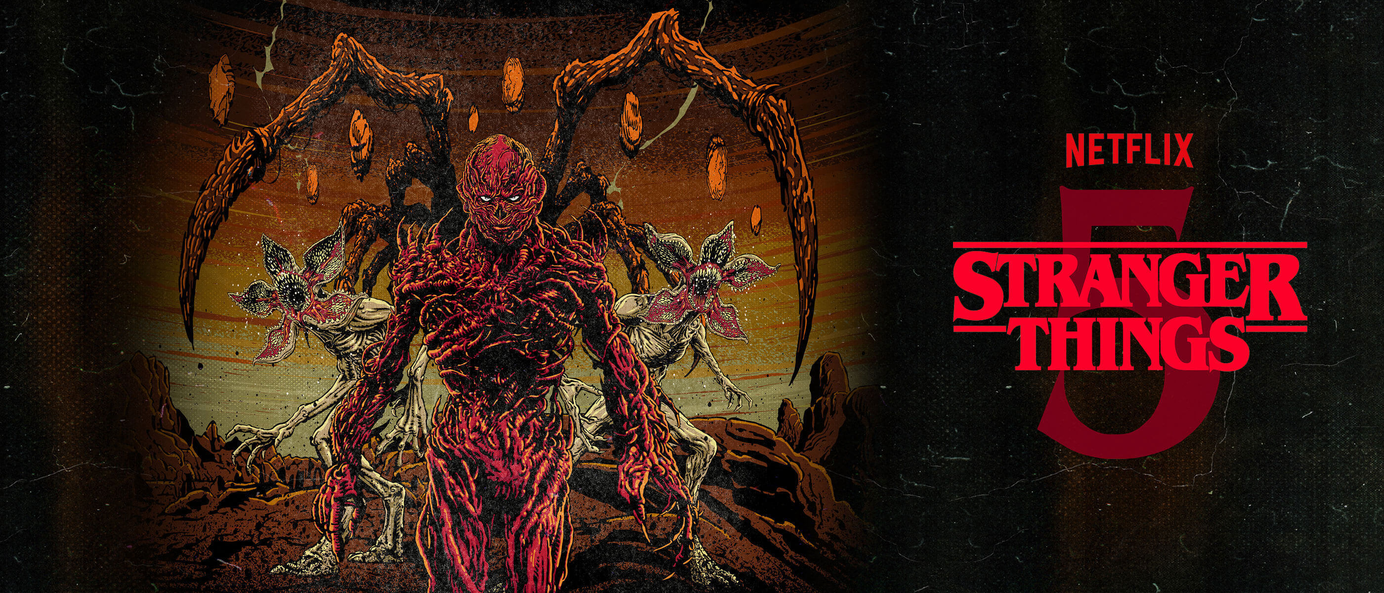 An illustration of a red tentacled demon and creatures with gaping mouths with “NETFLIX STRANGER THINGS 5” in red lettering.