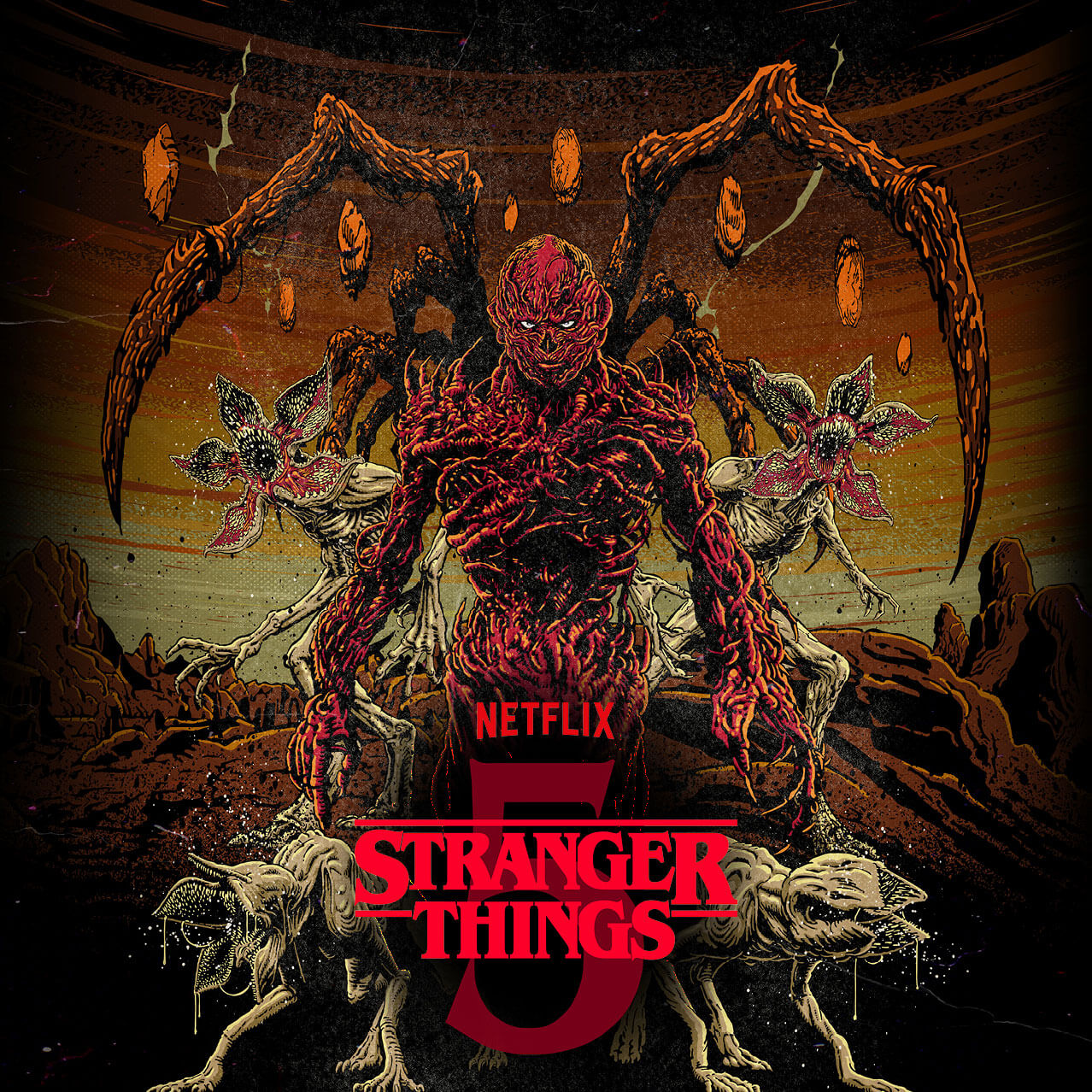 An illustration of a red tentacled demon and creatures with gaping mouths with “NETFLIX STRANGER THINGS 5” in red lettering.