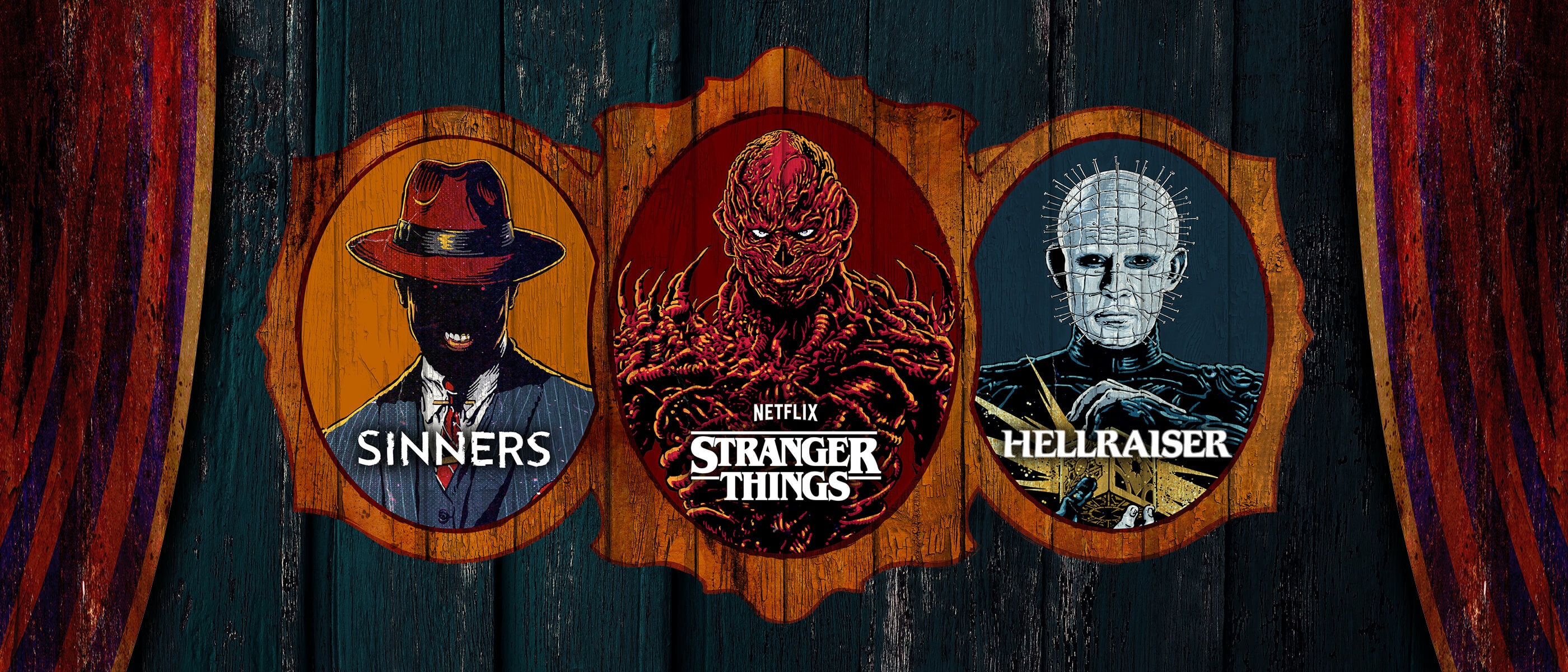 Stylized art painted on an aged wooden wall of Stack from Sinners, Vecna from Stranger Things and Pinhead from Hellraiser.