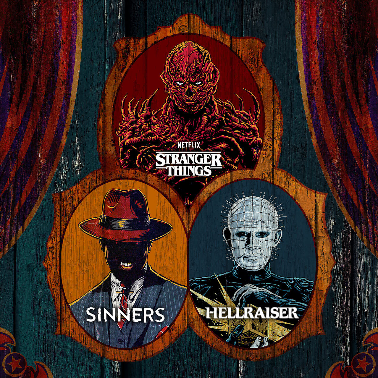 Stylized art painted on an aged wooden wall of Stack from Sinners, Vecna from Stranger Things and Pinhead from Hellraiser.