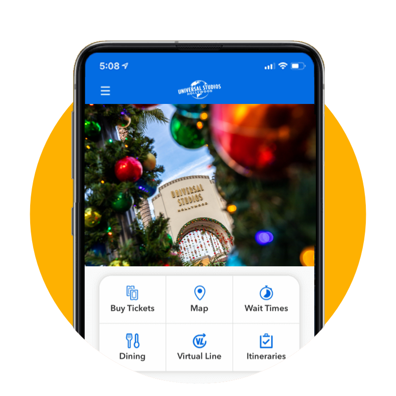 Universal Studios Hollywood app featuring the Holidays event.