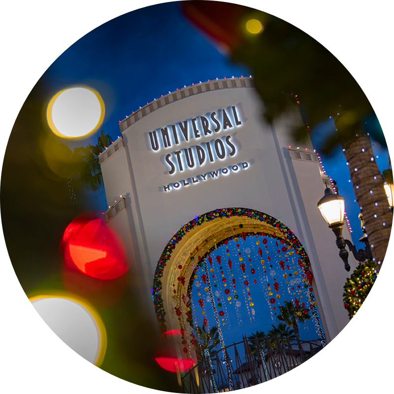 Entrance to Universal Studios Hollywood decorated with lights and jewels.