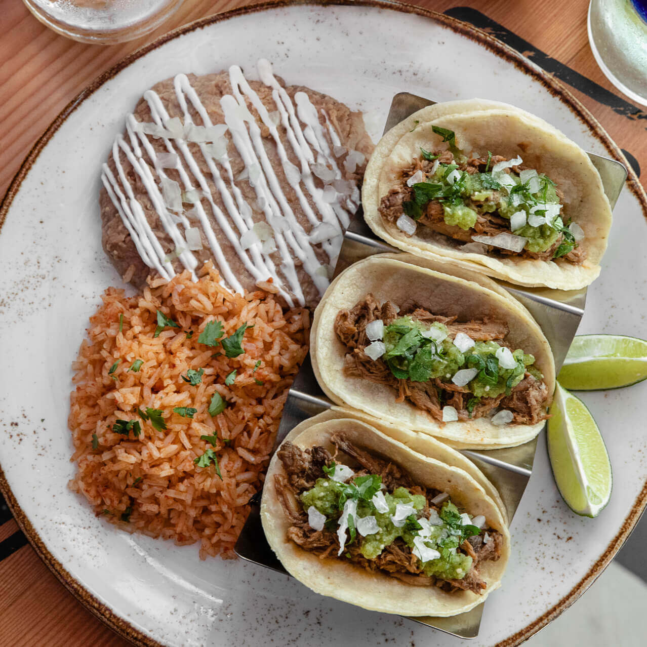 Taco platter with rice and beans