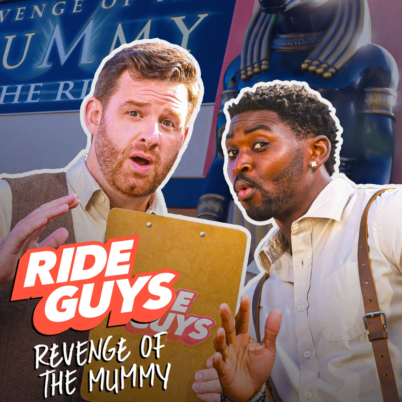 Excited hosts Mike and Dylan holding a Ride Guys clipboard outside the entrance to Revenge of the Mummy – The Ride.