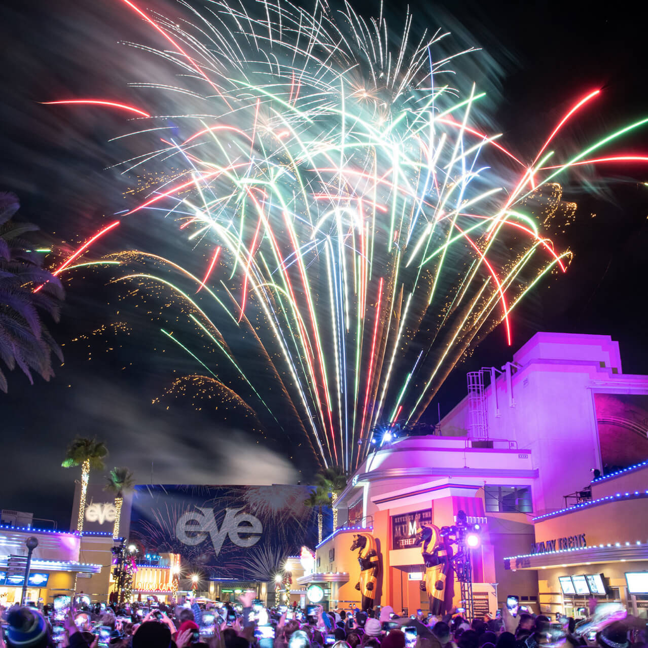 Fireworks light up the night sky above Universal Studios Hollywood during the EVE event.