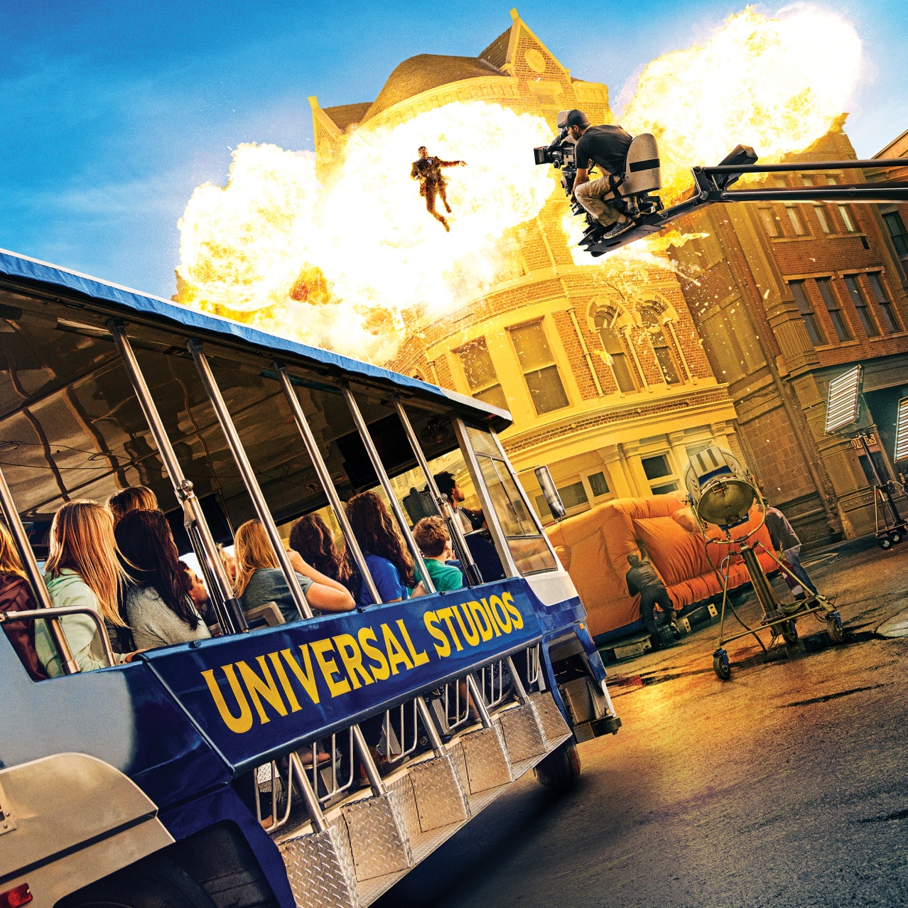 Tram of guests going through the Studio Tour