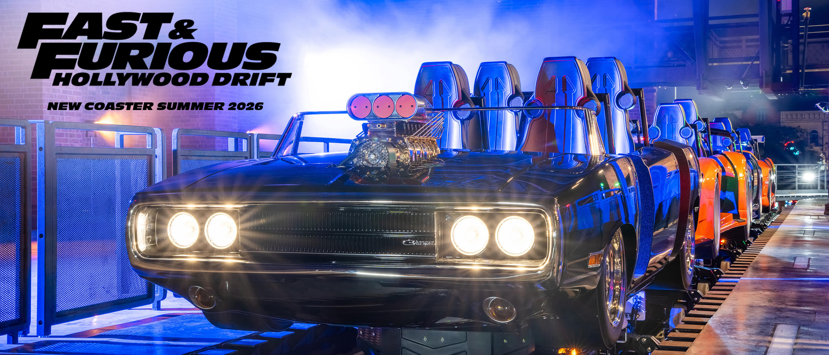 The Fast & Furious Hollywood Drift ride vehicles with logo and "New Coaster Summer 2026” text at Universal Studios Hollywood.