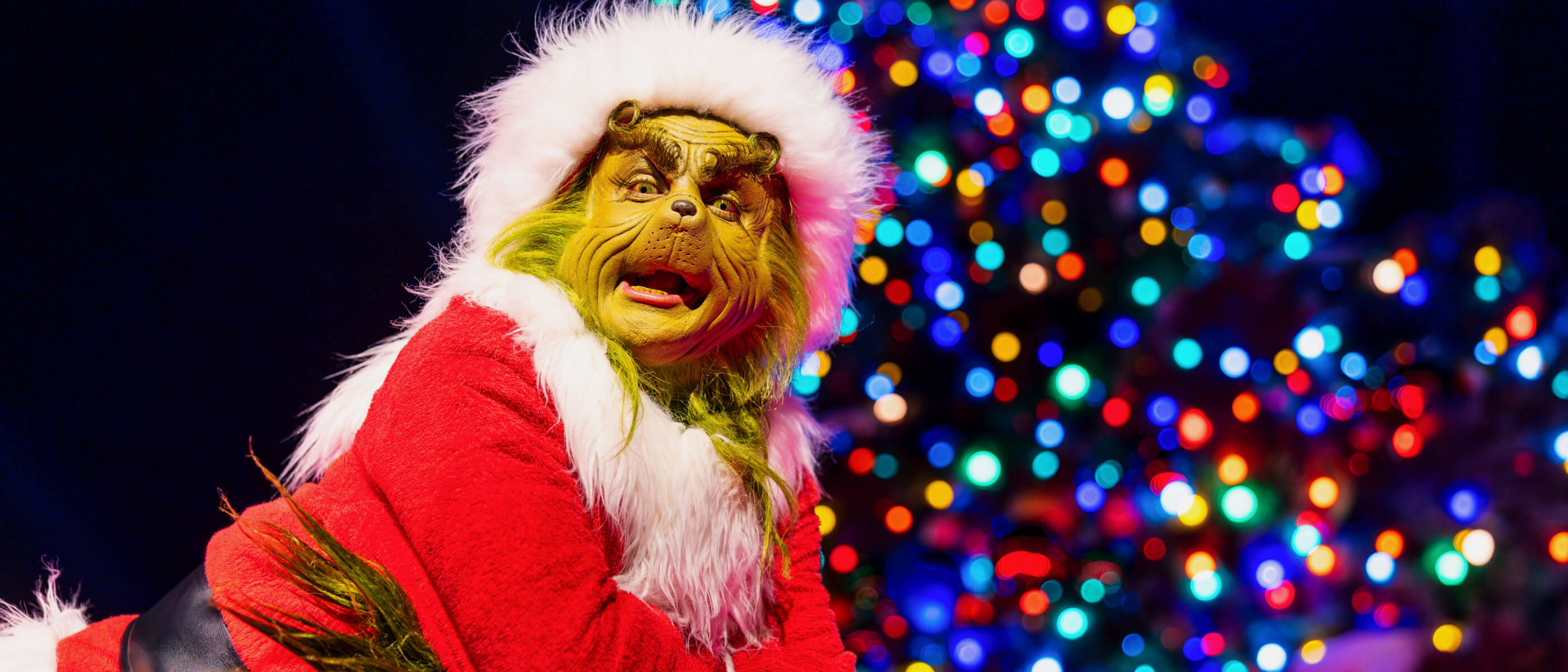 Out of focus Christmas tree background with the Grinch dressed as Santa in the foreground.