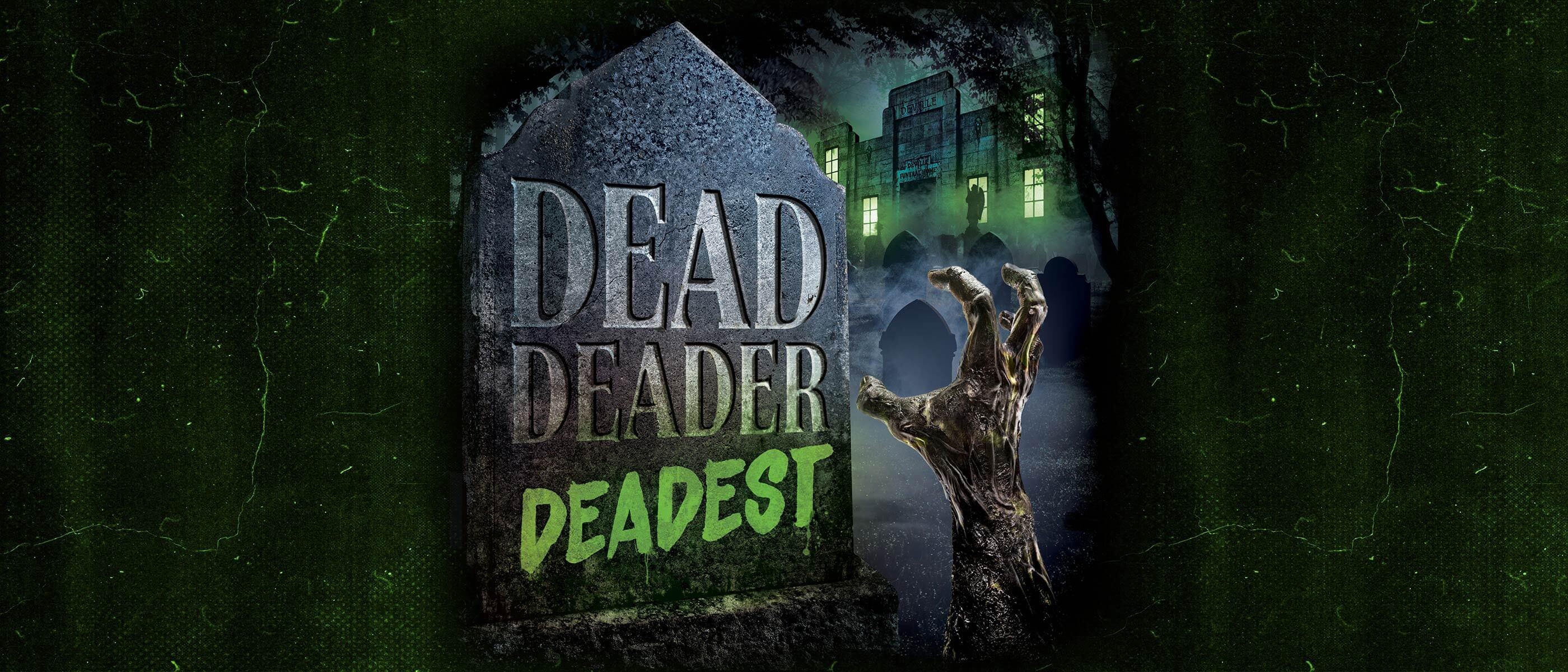 Dead Deader Deadest artwork featuring a tombstone, zombie hand, graveyard, and eerie green lighting