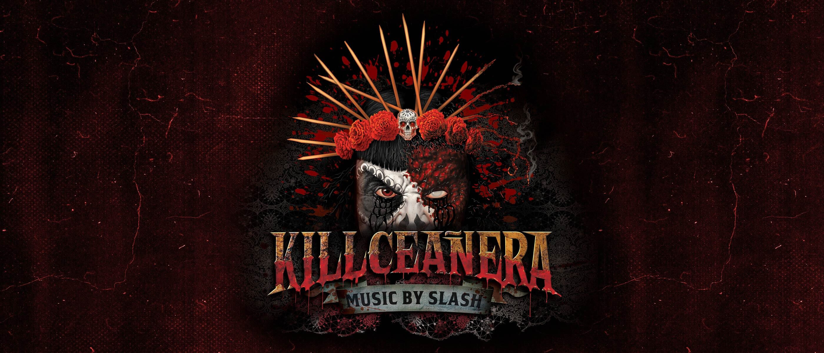 Artwork for Killceanera with a skull-faced character beneath a crown of roses and spikes and the text "Music by Slash".