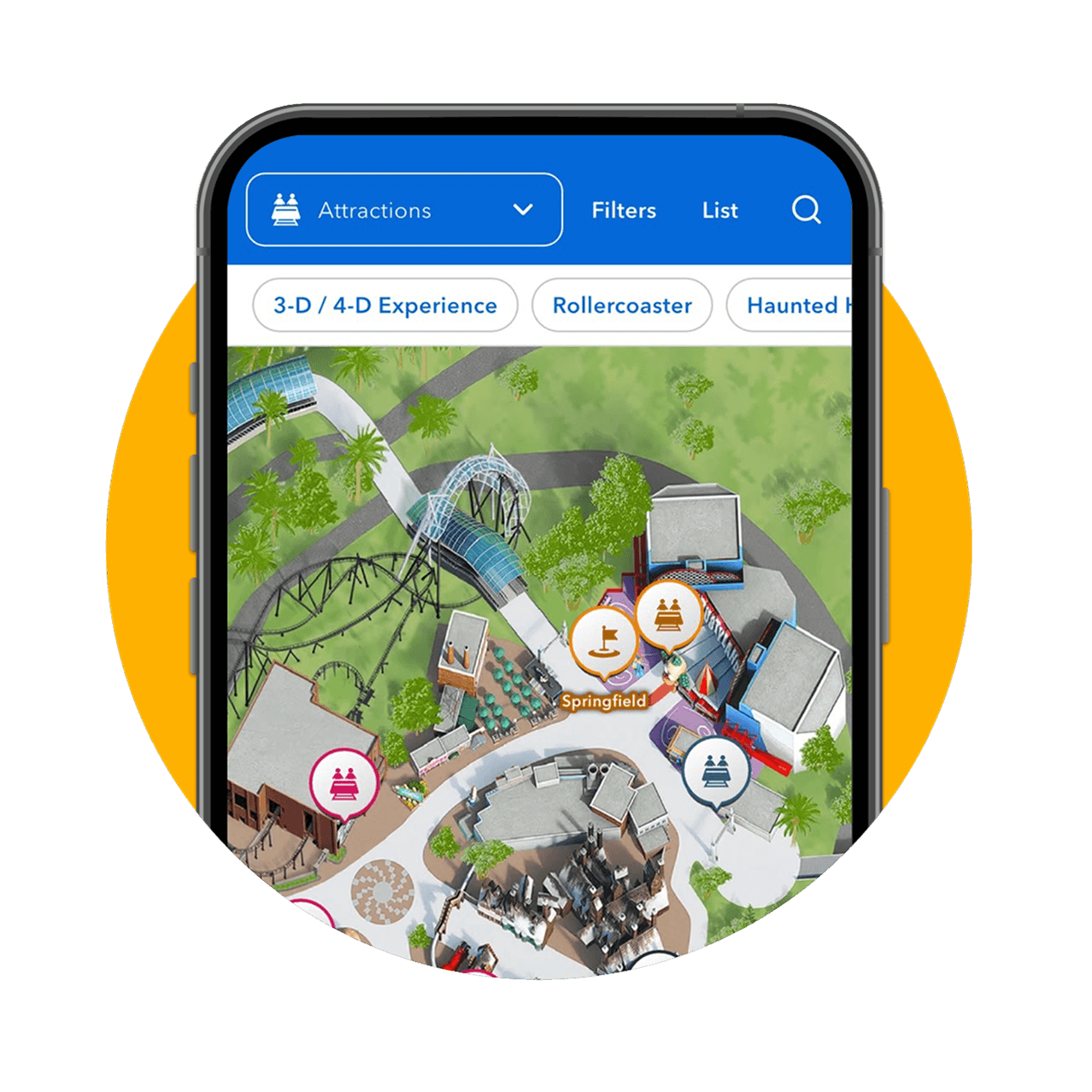 Smartphone displaying the Universal Studios Hollywood app's interactive park map, with attraction markers and filtering options.