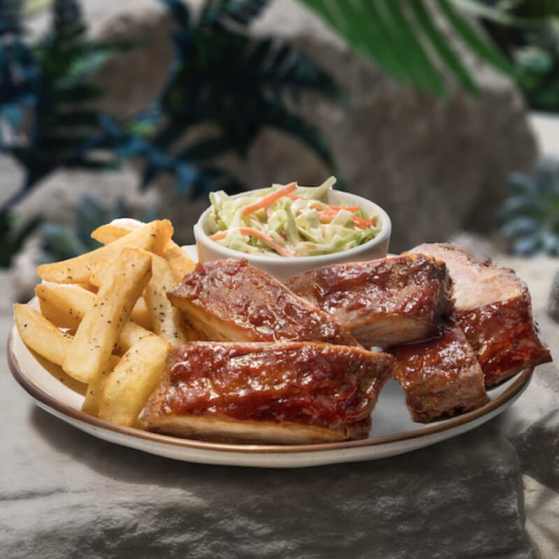 BBQ Ribs, french fries and coleslaw on a white plate.