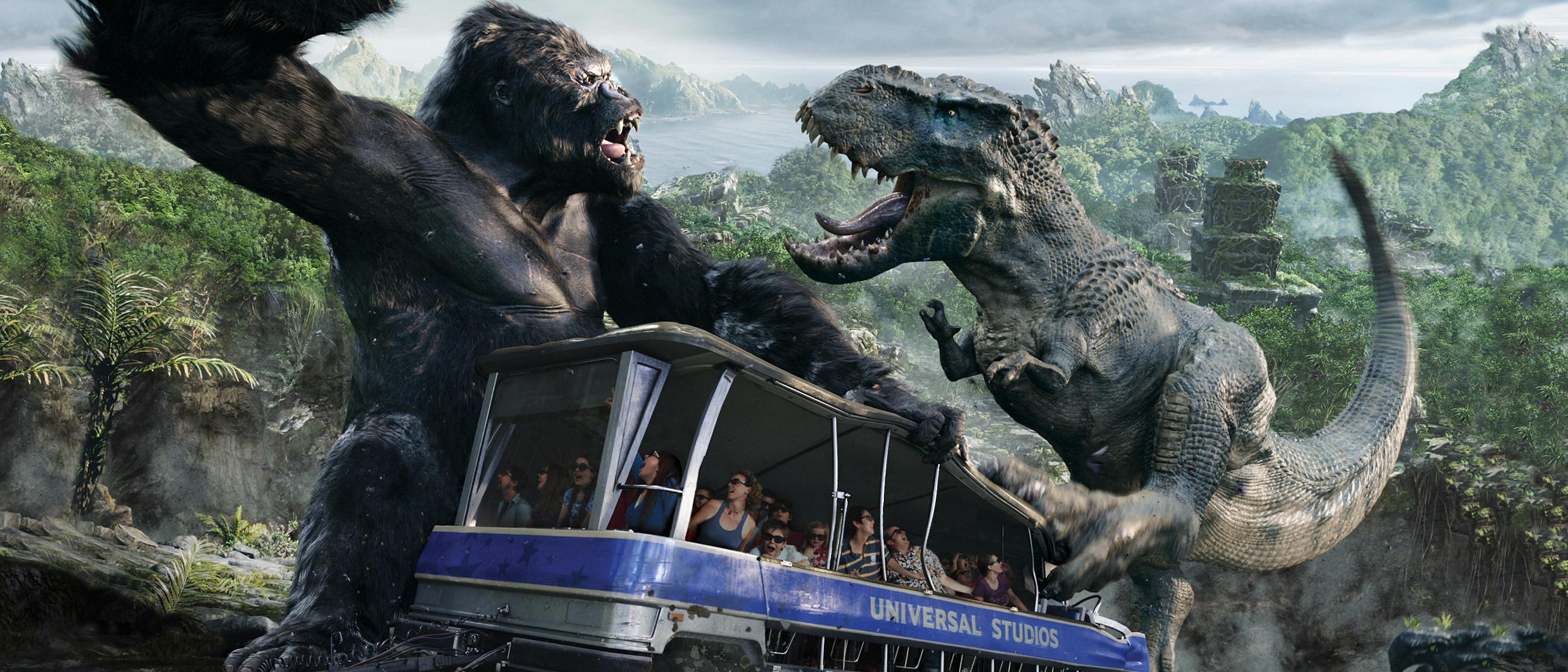 King Kong battles a T-Rex above a tram full of guests from “King Kong 360” at Universal Studios Hollywood.