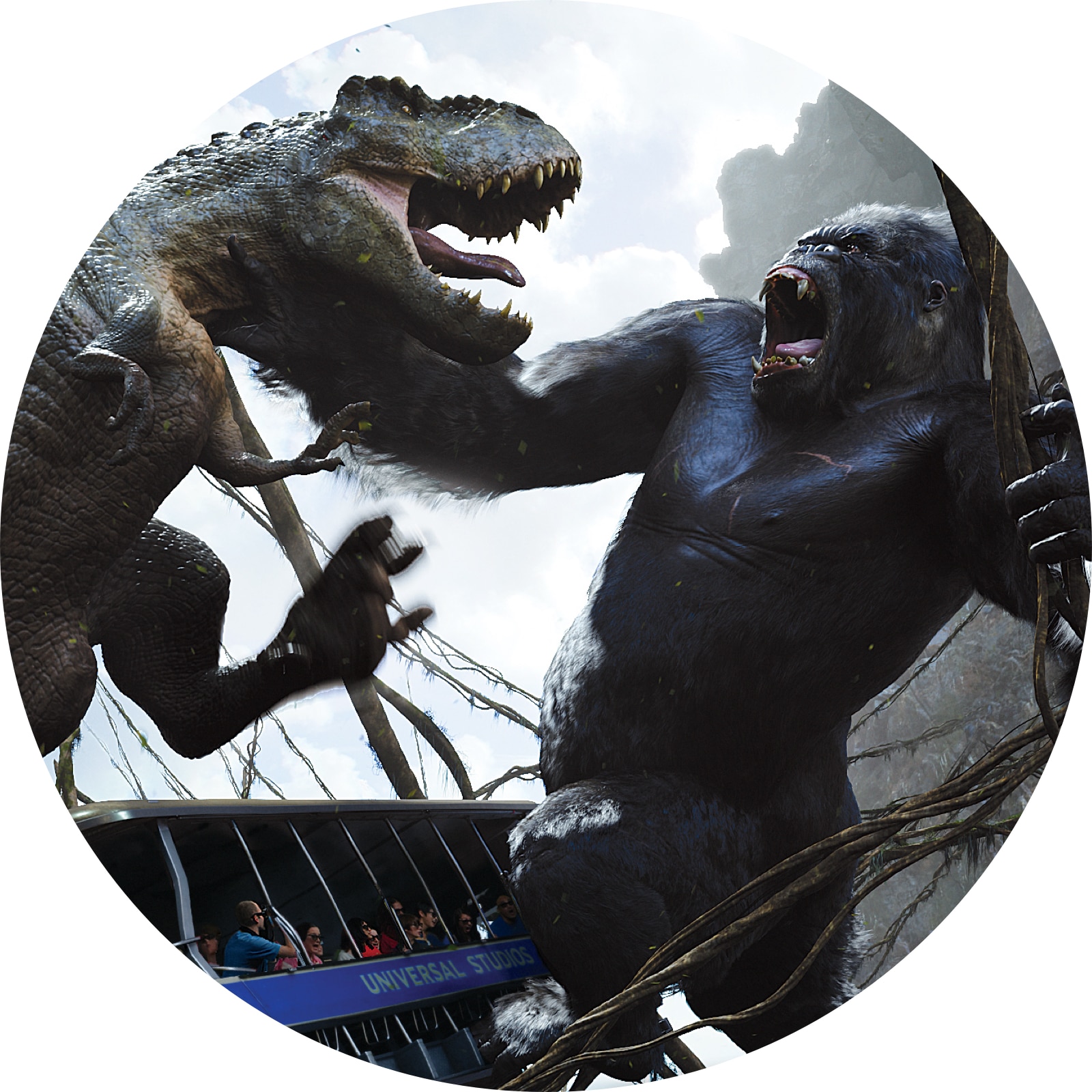 King Kong battling a Raptor in front of a tour bus.