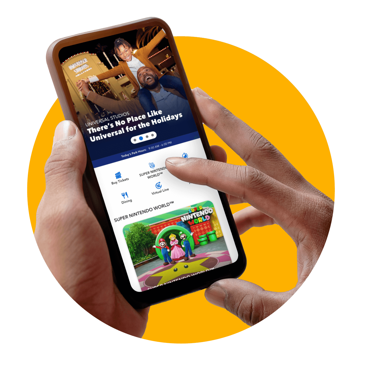 A hand holding a mobile device as they view the Universal Hollywood Resort App featuring Holidays at Universal.