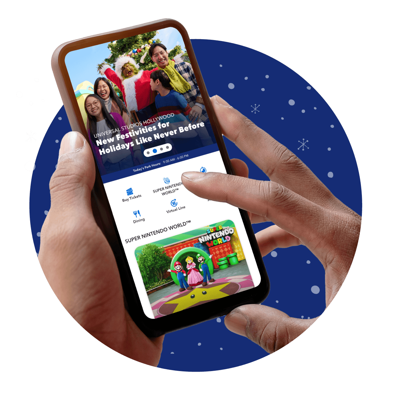A hand holding a mobile device as they view the Universal Hollywood Resort App featuring Holidays at Universal.