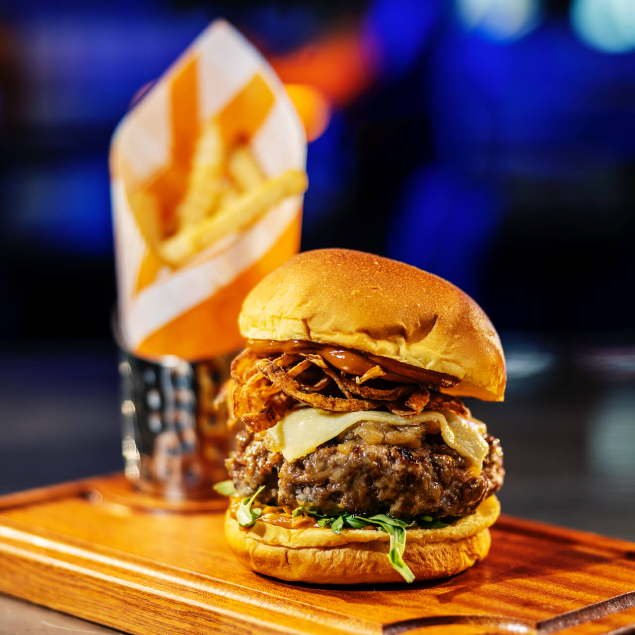 Burger, beer, and fries at NBC Sports Grill