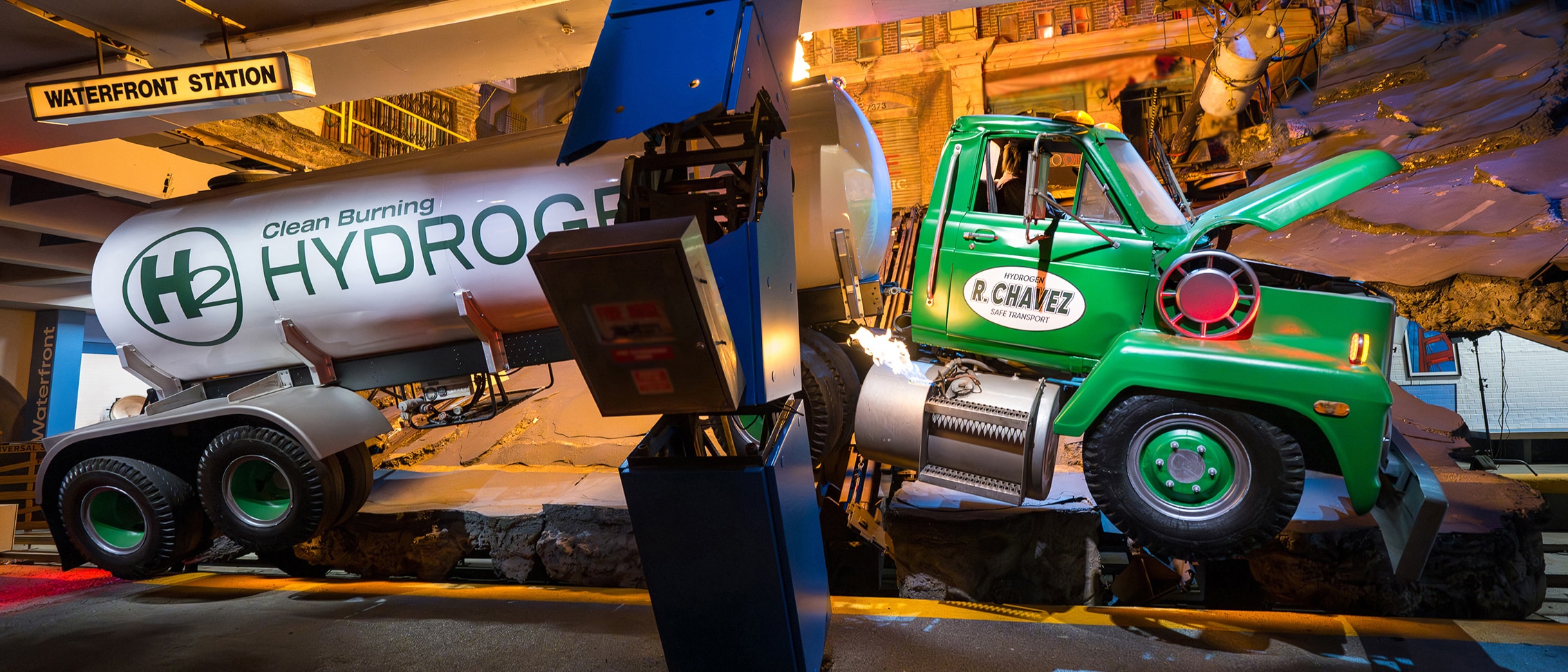 The World-Famous Studio Tour Earthquake featuring a truck in a subway station at Universal Studios Hollywood.