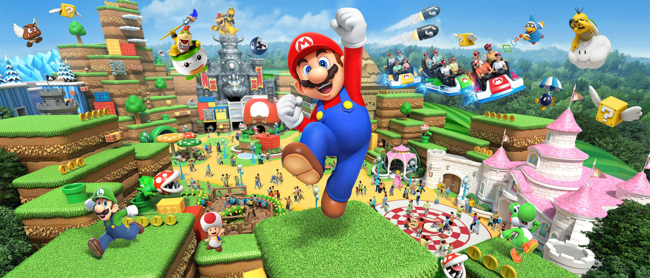 The video game character Mario jumps up, raising his fist in the air high above an illustration of SUPER NINTENDO WORLD™. Bowser's Castle and Princess Peach's Castle are visible in the background, along with a multitude of other video game characters racing about and flying through the sky.