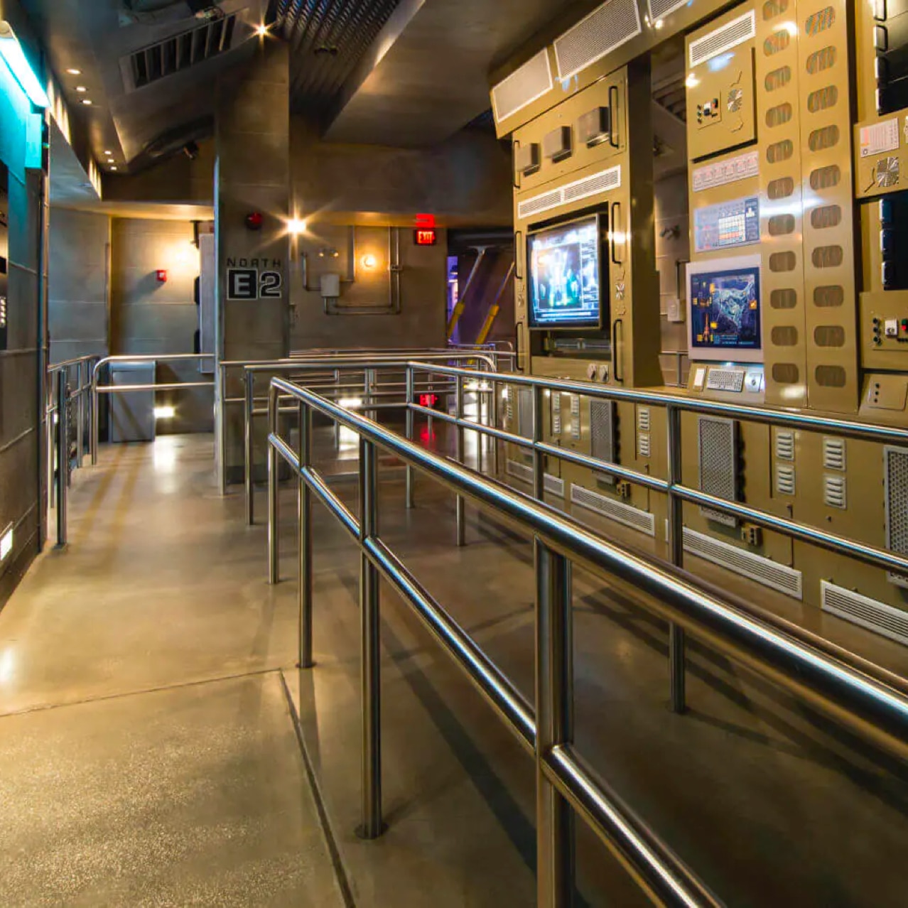 The queue experience for TRANSFORMERS: The Ride-3D at Universal Studios Orlando going through NEST headquarters.