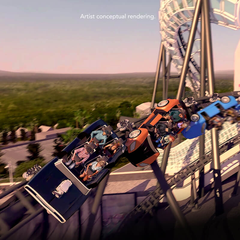 Artist conceptual rendering of guests riding the Fast & Furious: Hollywood Drift coaster at Universal Studios Hollywood.