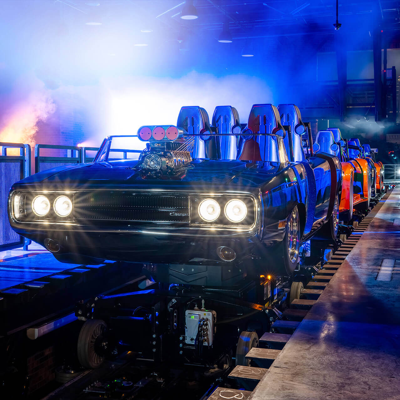 The Fast & Furious: Hollywood Drift ride vehicles at Universal Studios Hollywood.