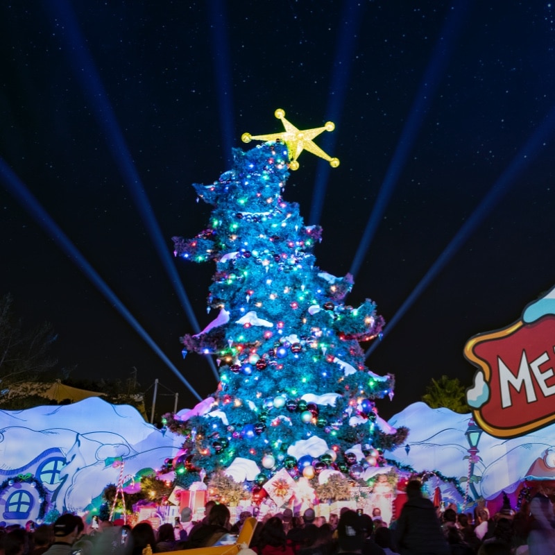 Whoville with a large Christmas tree in the center and a sign that says MERRY GRINCHMAS.