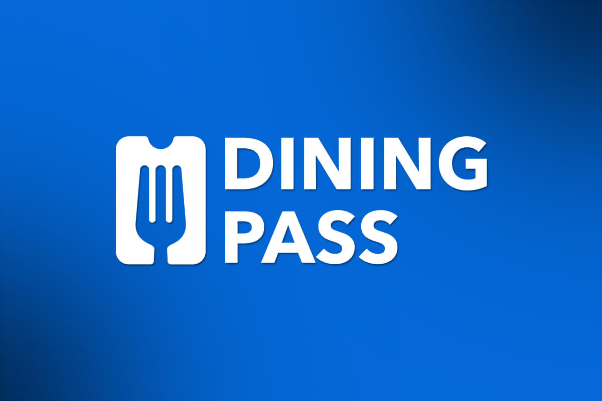 An icon with the shape of a fork and the words “DINING PASS” in white against a blue background.