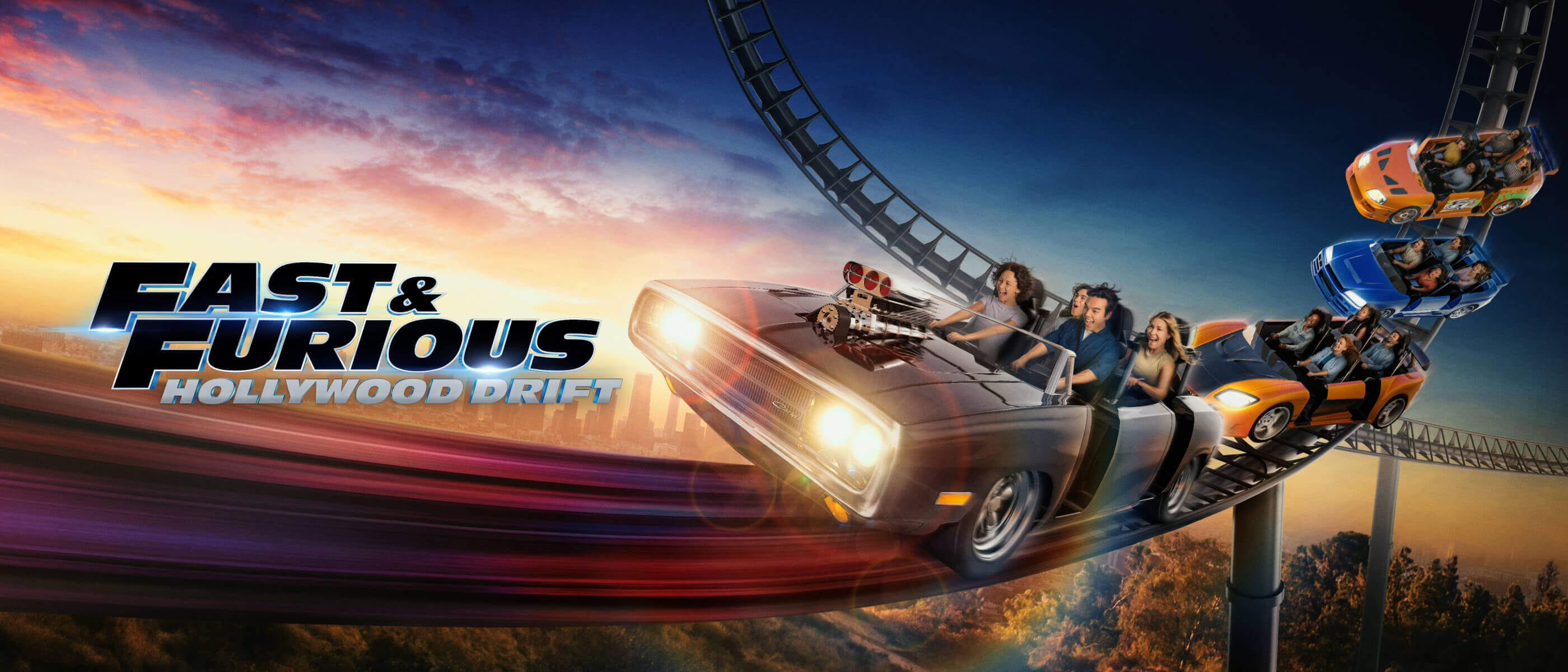 An artistic depiction of the Fast & Furious: Hollywood Drift coaster at Universal Studios Hollywood.
