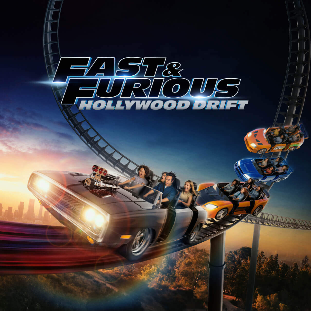 An artistic depiction of the Fast & Furious: Hollywood Drift coaster at Universal Studios Hollywood.