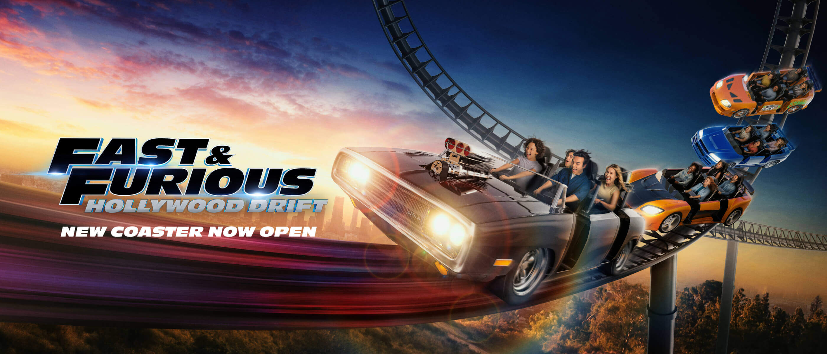 An artistic depiction of the Fast & Furious: Hollywood Drift coaster at Universal Studios Hollywood.