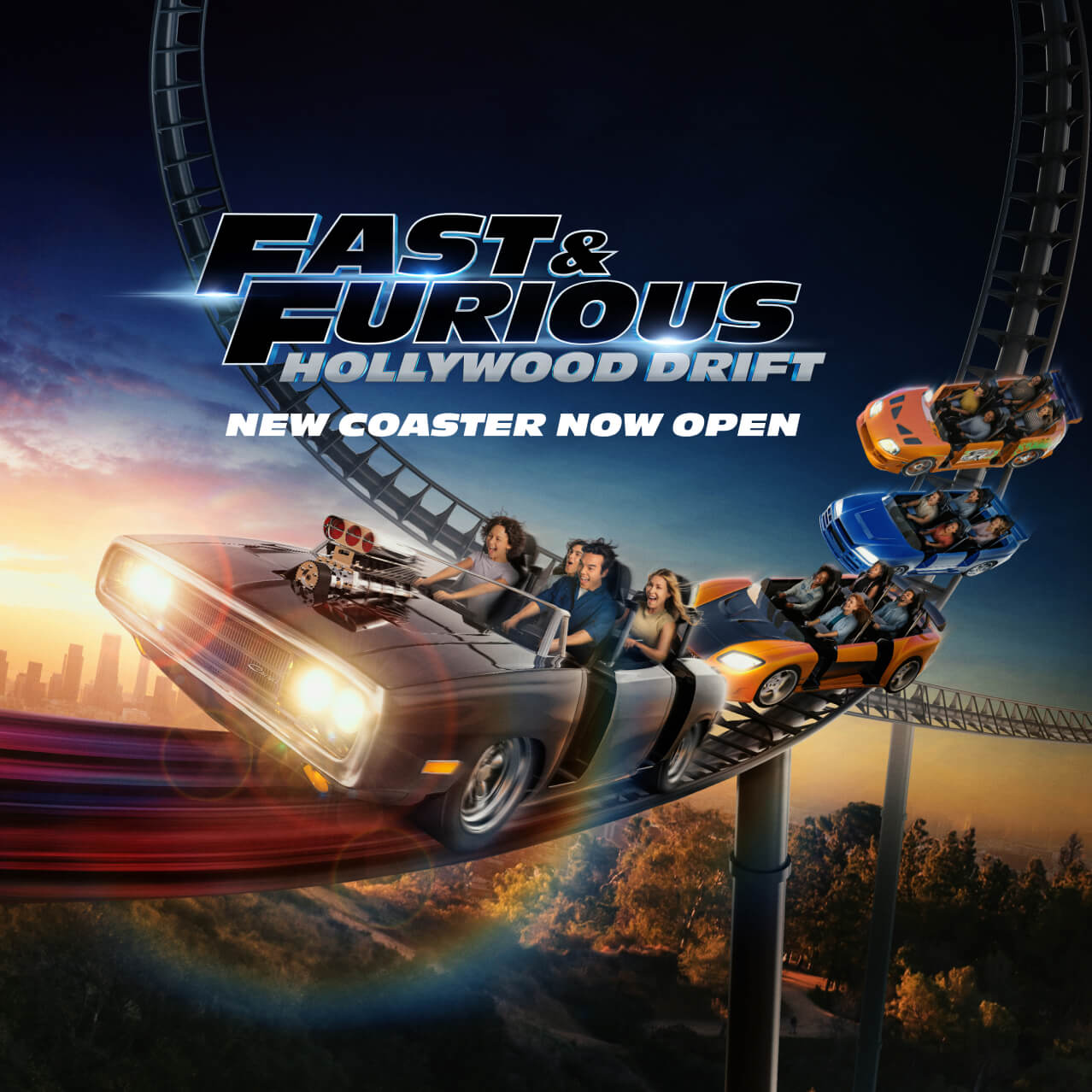 An artistic depiction of the Fast & Furious: Hollywood Drift coaster at Universal Studios Hollywood.