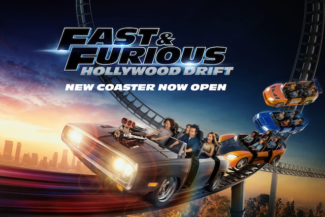 An artistic depiction of the Fast & Furious: Hollywood Drift coaster at Universal Studios Hollywood.