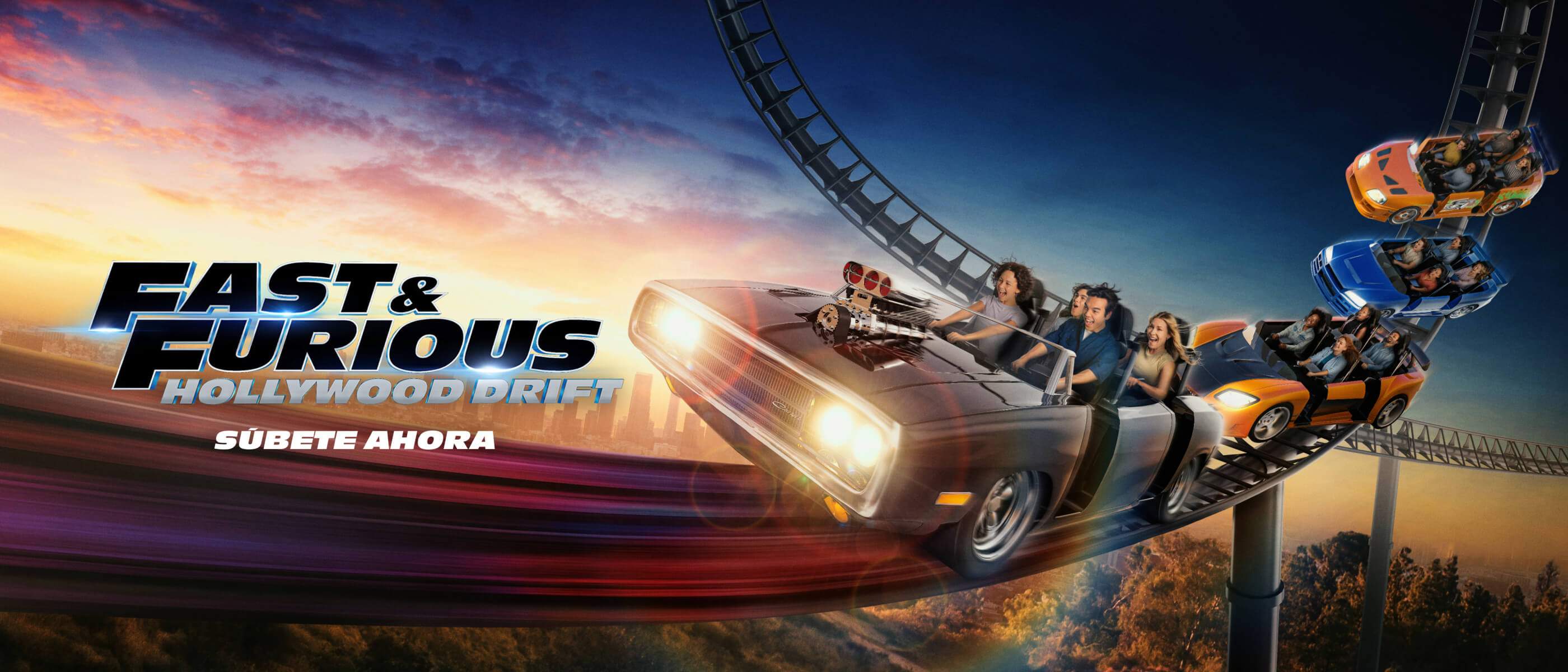 Representación artística de la montaña rusa Fast & Furious: Hollywood Drift en Universal Studios Hollywood.