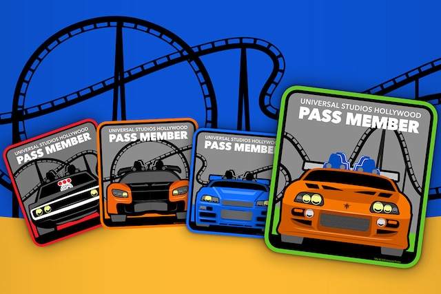 Bordered squares with muscle cars and “UNIVERSAL STUDIOS HOLLYWOOD PASS MEMBER” against a coaster track on blue and gold.