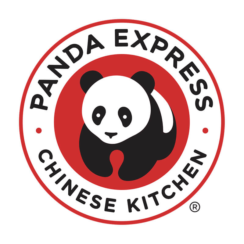 Circular Panda Express Chinese Kitchen logo with an illustrated panda in black, white and red on a white background.