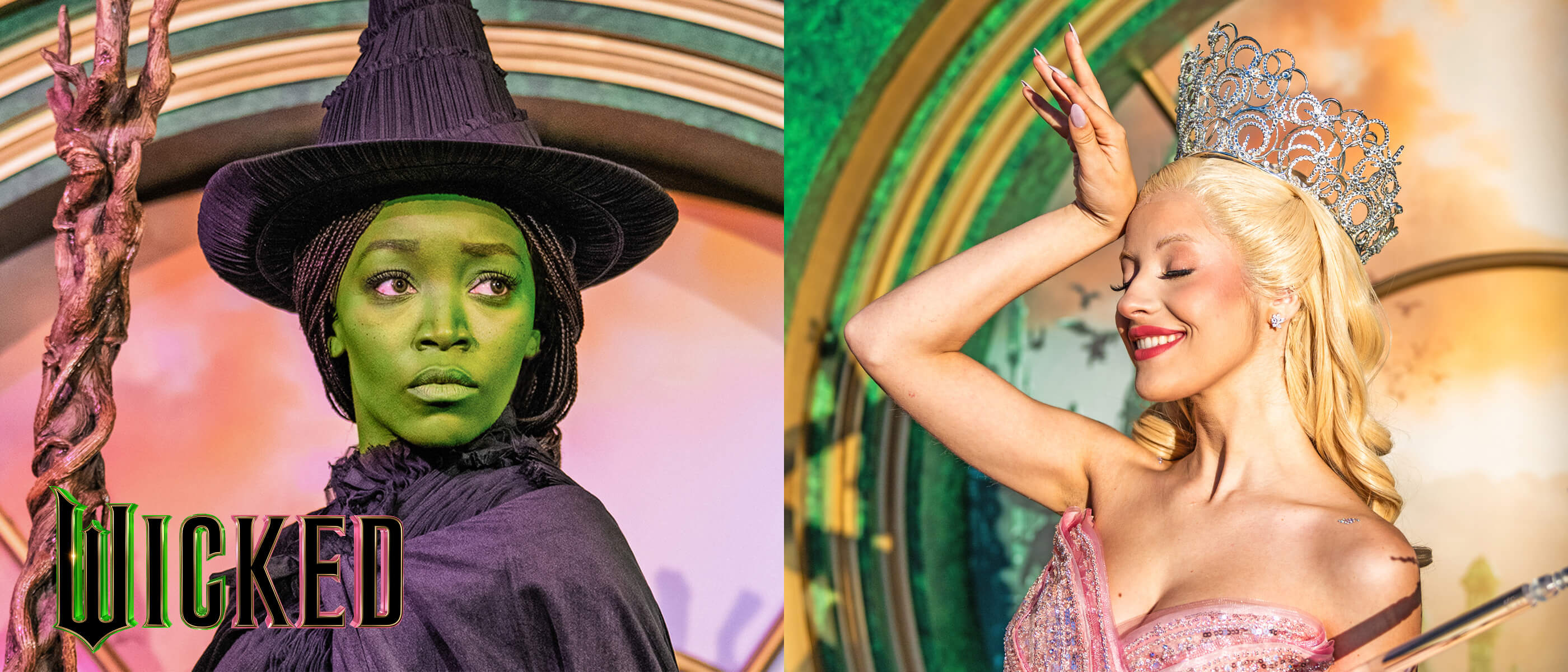 Characters dressed as Elphaba and Glinda with the “WICKED” logo in green and pink in the left corner of the image.
