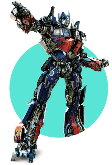 Optimus Prime from Transformers with his arm outstretched on a aqua blue circle background.