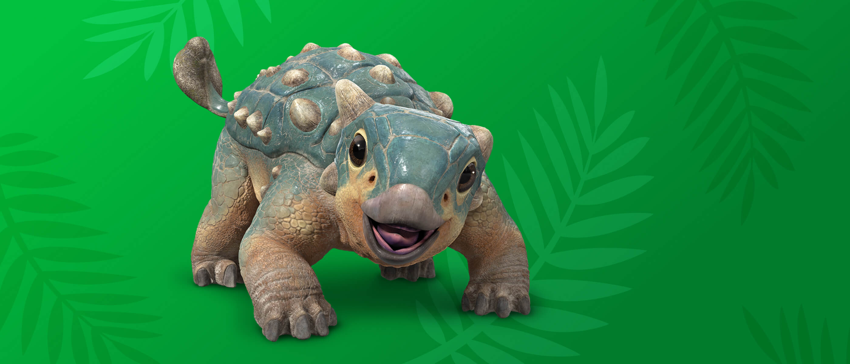 Bumpy, a baby Ankylosaurus with blue and brown scales. It is standing on a bright green background with leafy plants.