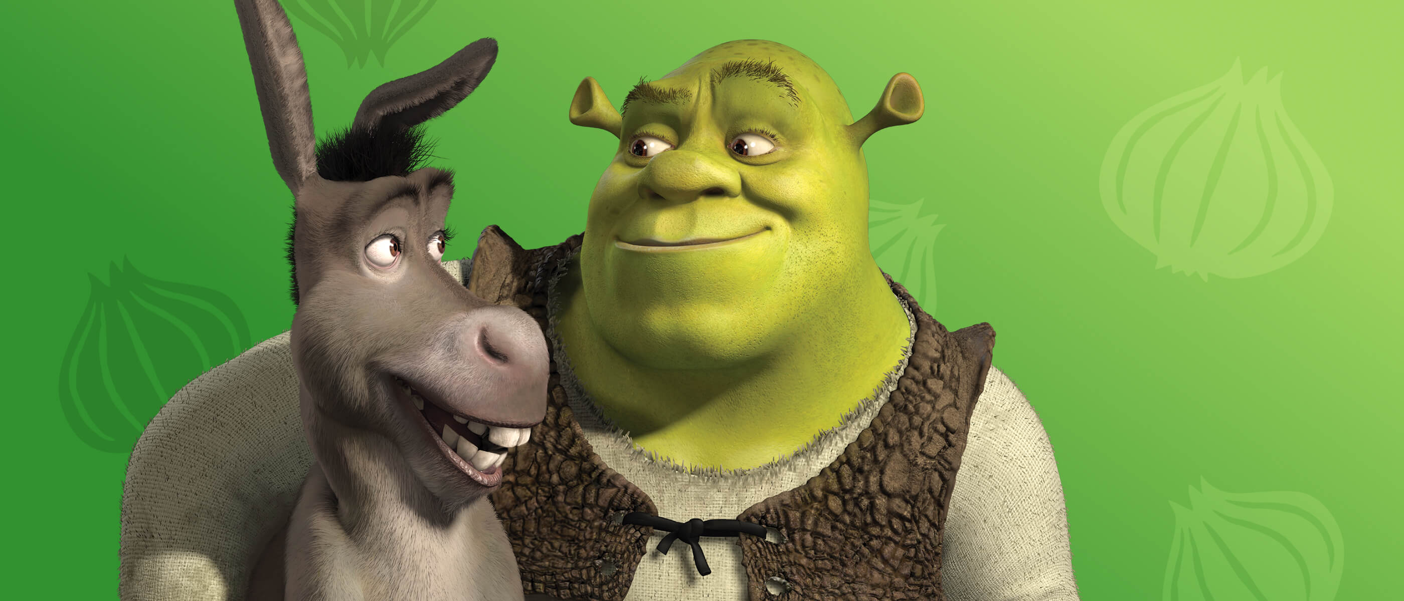 Shrek smiling at Donkey, against a green background with crown-shaped icons. 