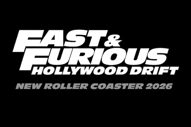 A black and white logo with the text Fast & Furious: Hollywood Drift. New Roller Coaster 2026.