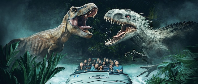 Composite of T. rex and Indominus rex getting ready to battle over a riders in Jurassic World - The Ride.