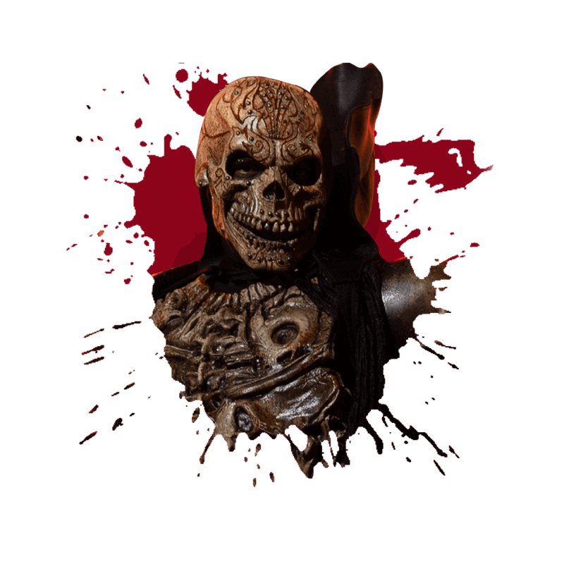 A menacing skeleton emerges from a blood spattered background.