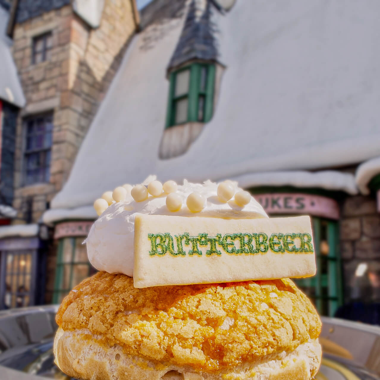 Up-close shot of a Butterbeer™ Cream Puff.