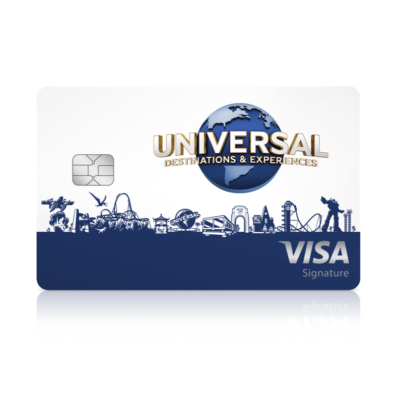 Universal Visa Signature card with a blue landscape view of the theme park