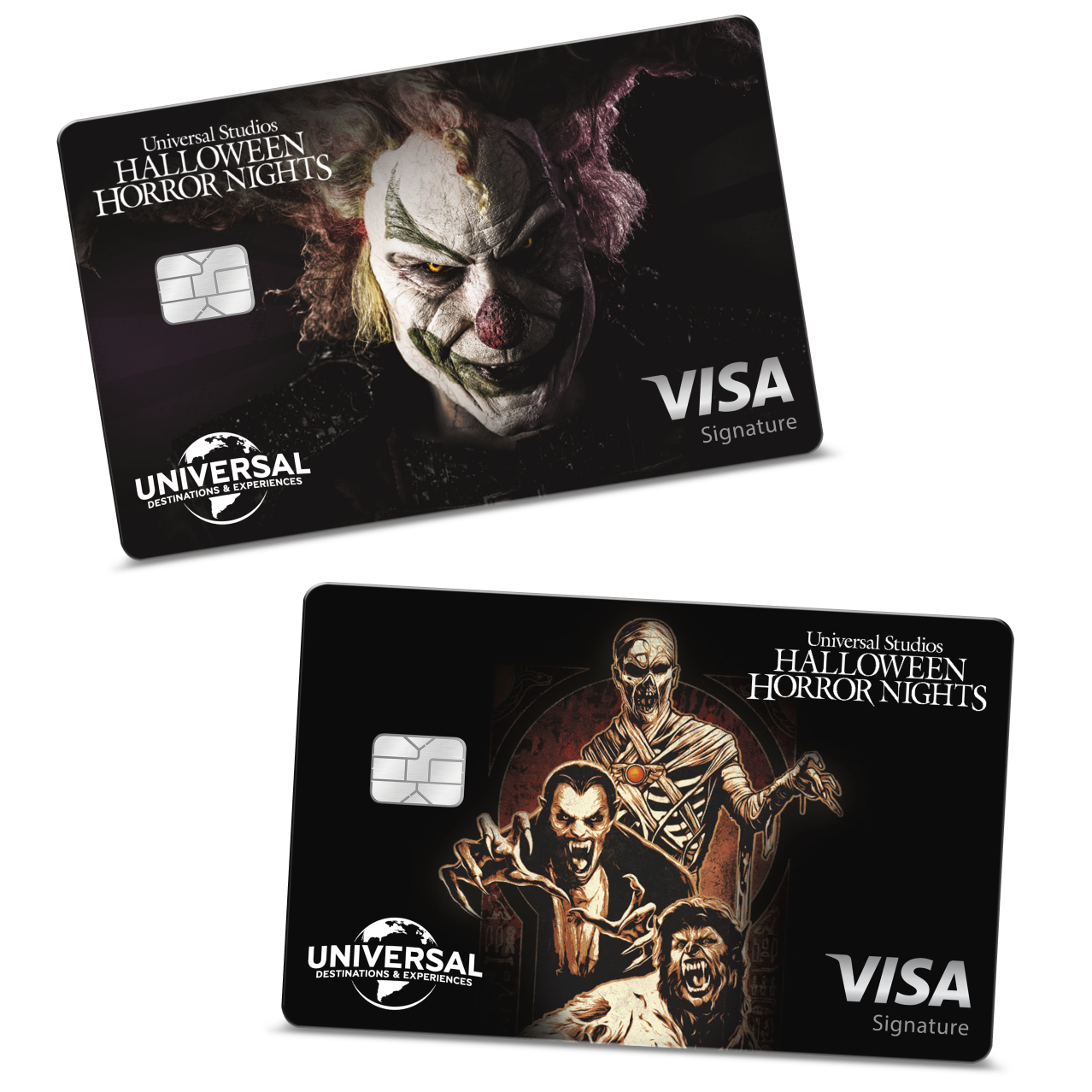 The Universal Rewards Visa Signature card with three Universal monsters: Dracula, The Mummy and Wolf Man.