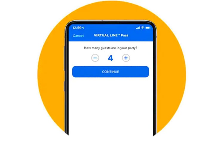 A slide bar for number of guests and a list of ride times displayed in the Universal app.