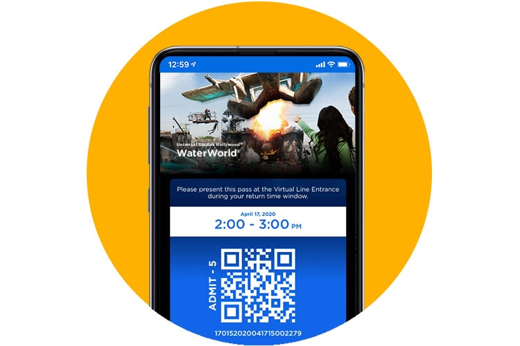Virtual Line QR code and return time in the Universal Hollywood app.